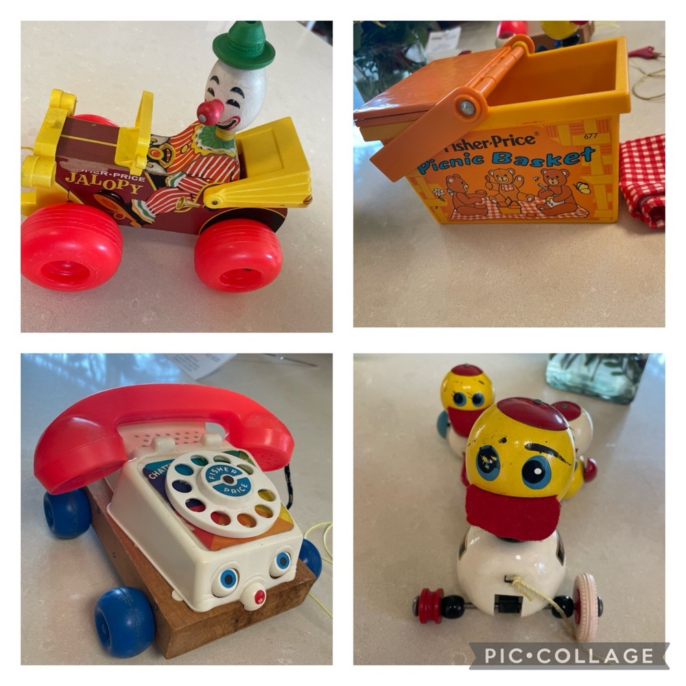 Vintage 70s Toys: Fisher Price Phone Jolly Jalopy, Picnic Basket & Brio Ducks